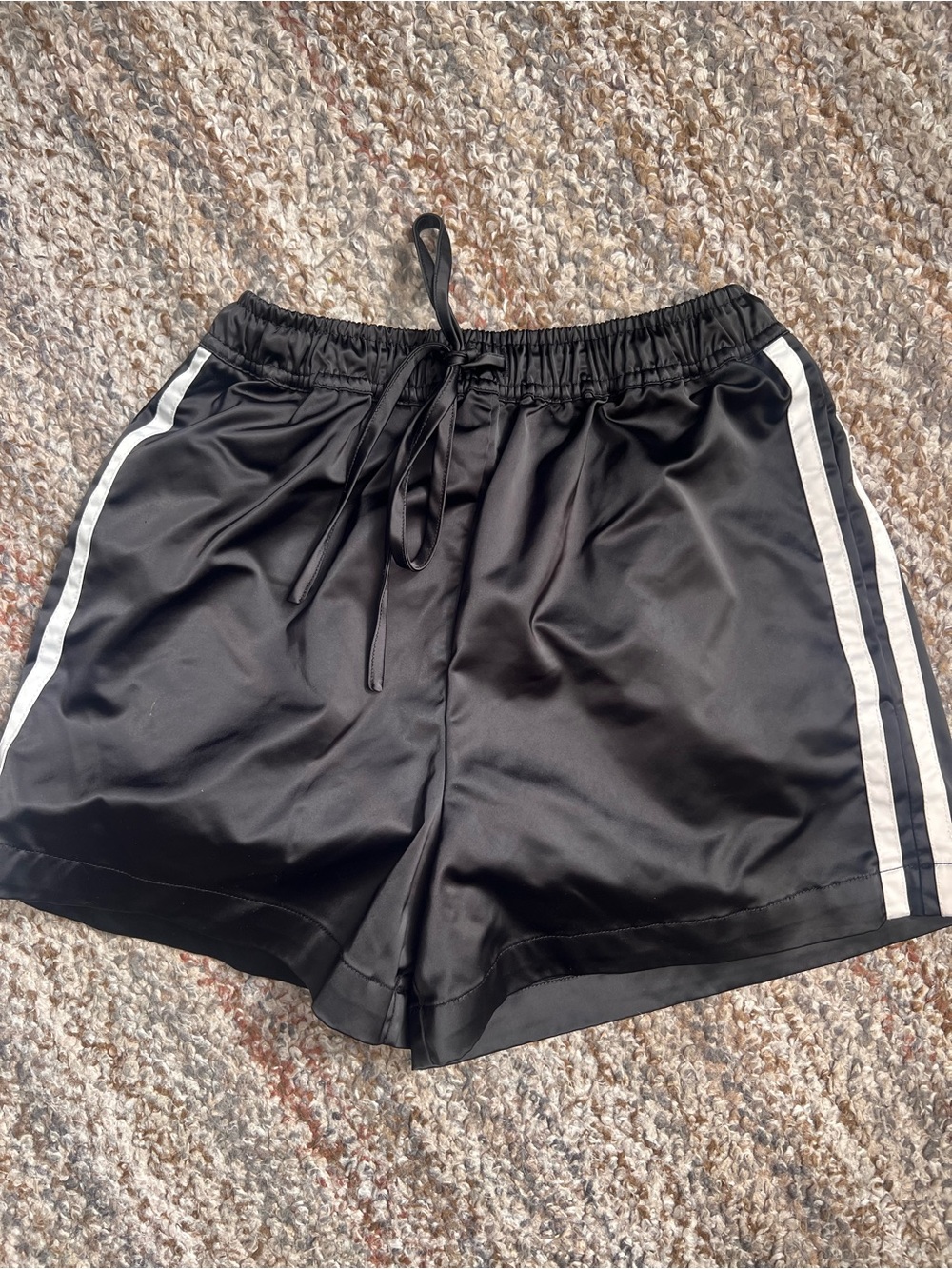 Black Satin Athletic Shorts with White Side Stripes